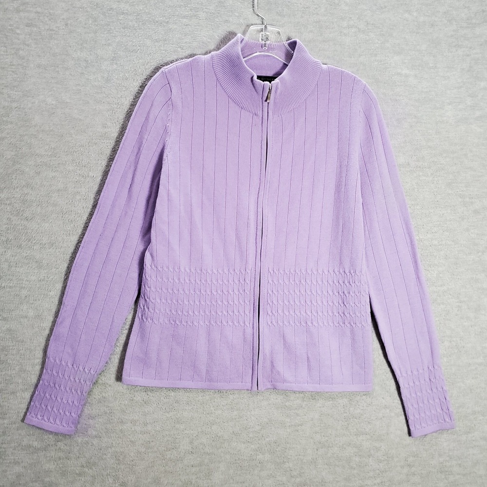 Sarah Spencer Women Jacket L Purple Merino Wool Blend Full Zip Cable Knit READ